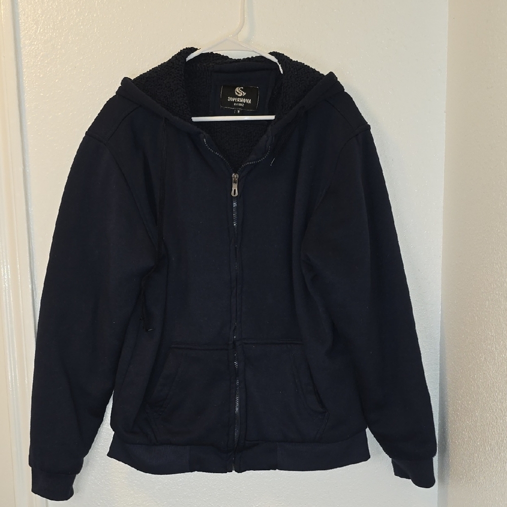 SUPERNOVA Navy Zipped Hoodie With Black Sherpa Lining